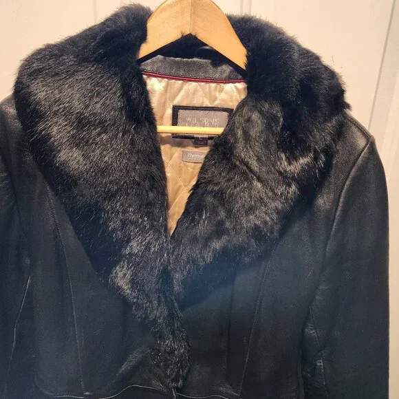 Wilson's Leather Womens Large Black Belted Leather Jacket Rabbit Fur Trim - Picture 2 of 12